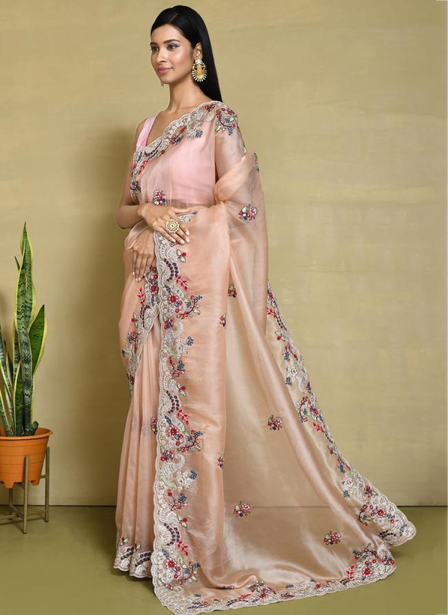Net Organza Silk Peach Wedding Wear Embroidery Work Saree